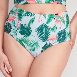NWT! True Blue Flamingo Print High-Waisted Printed Ruched Bikini Swim Bottoms 💎